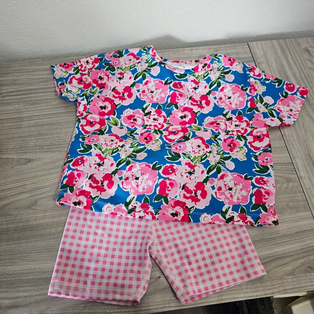 SweetHoney Active Set Pink Blue Floral top Pink Plaid Check Gym Shorts Girls 10Y